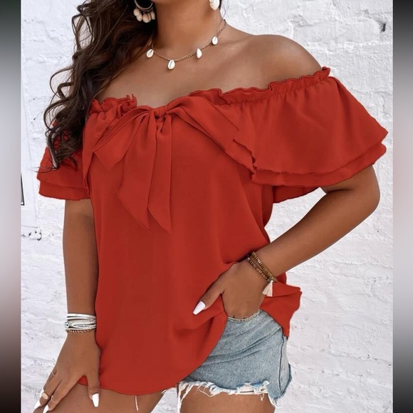 Luxe plus size black off shoulder tie front frill trim blouse - Picture 5 of 15